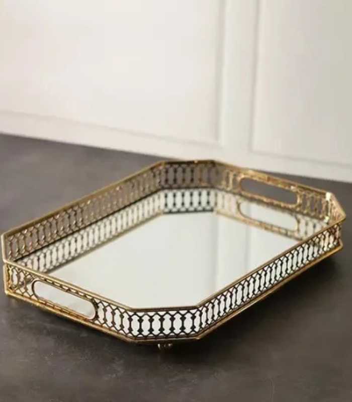Vintage European Gold Mirror Metal Tray Rectangular 35cm