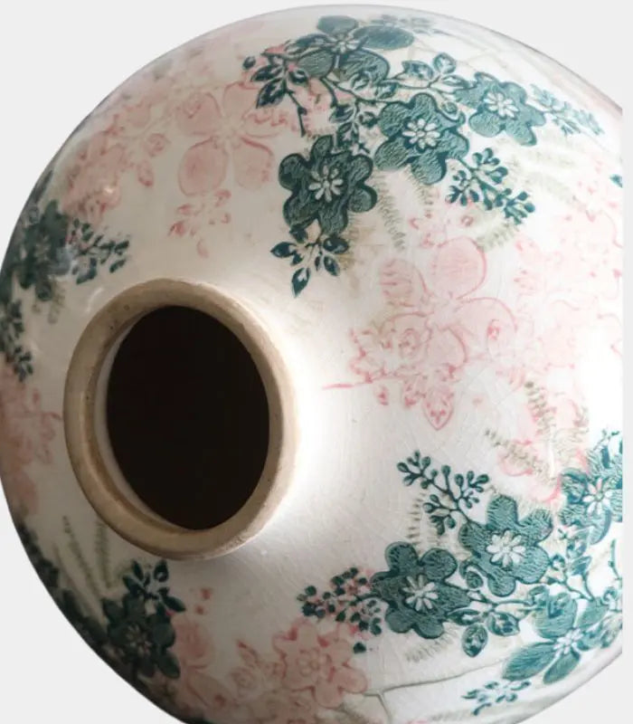 Solène Handcrafted Crackle-Glaze Porcelain Vase – Vintage Floral Ginger Jar, Pink & Green 23 cm (9.1 in)
