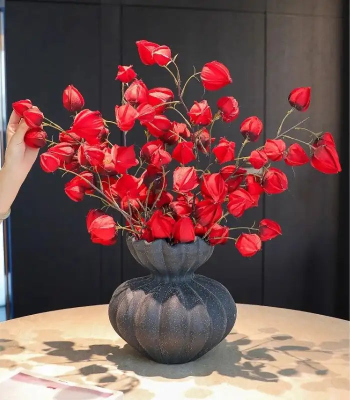 Delmara Sculptural Ceramic Vase – Ribbed Charcoal Design