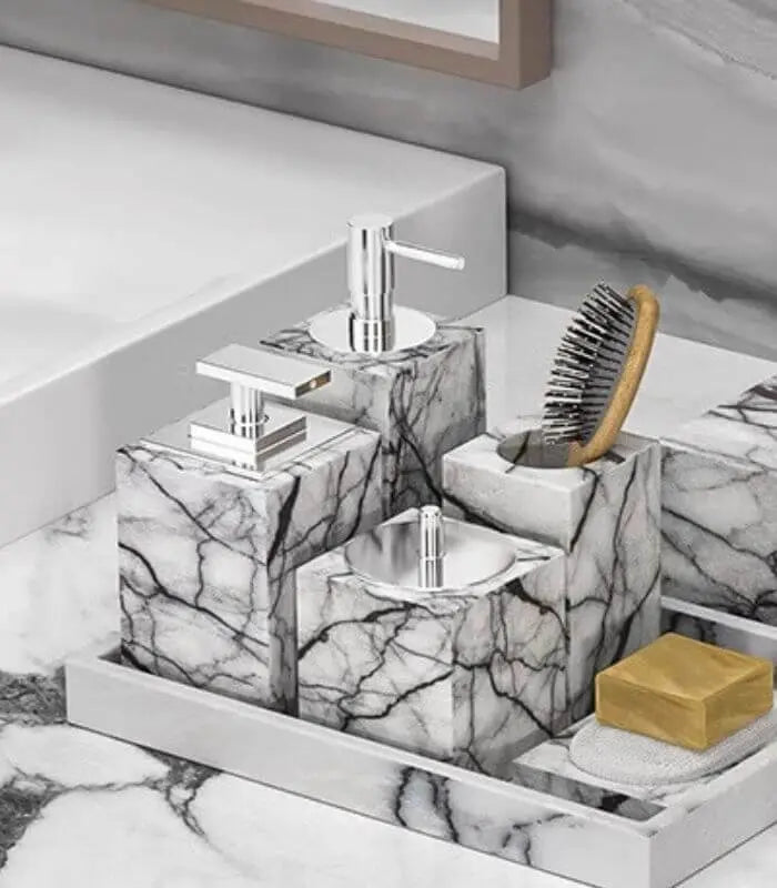 Carrara Marble Soap & Lotion Dispenser Set – Stainless Steel Natural Stone