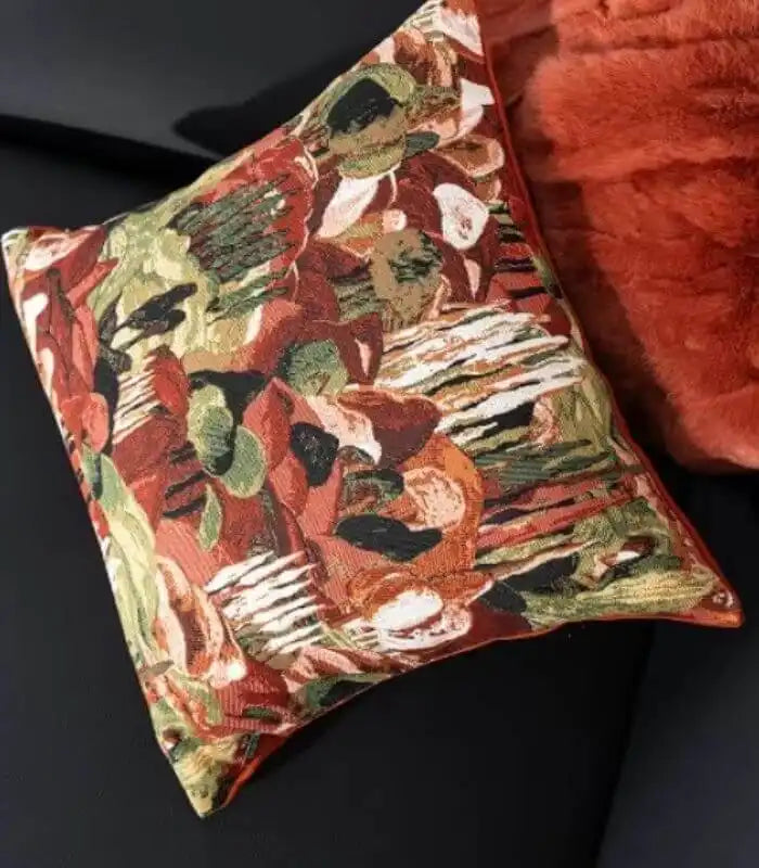 Floral Jacquard Cushion Cover – Artistic Botanical Tapestry Design