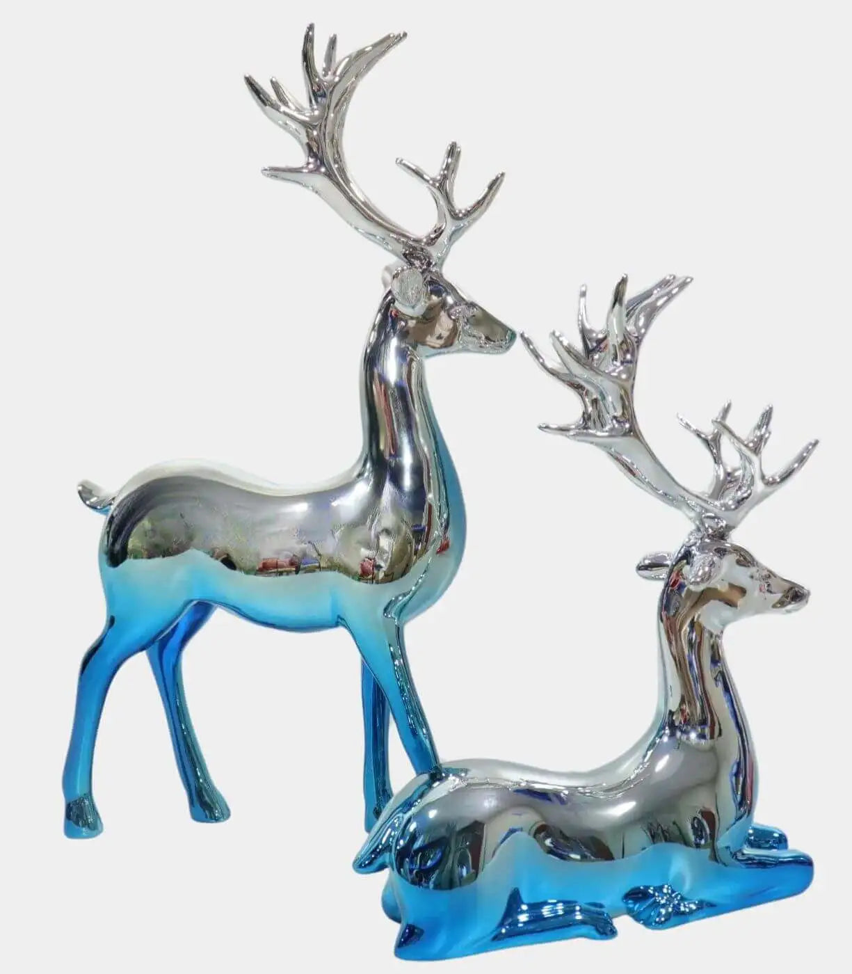 Set 2 Pcs Handcrafted Metallic Reindeer Decorative Figurines | Standing & Sitting Pair