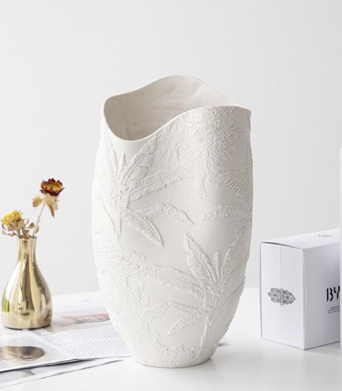 Large Ceramic Vase Embossed Tropical Palm 36 cm