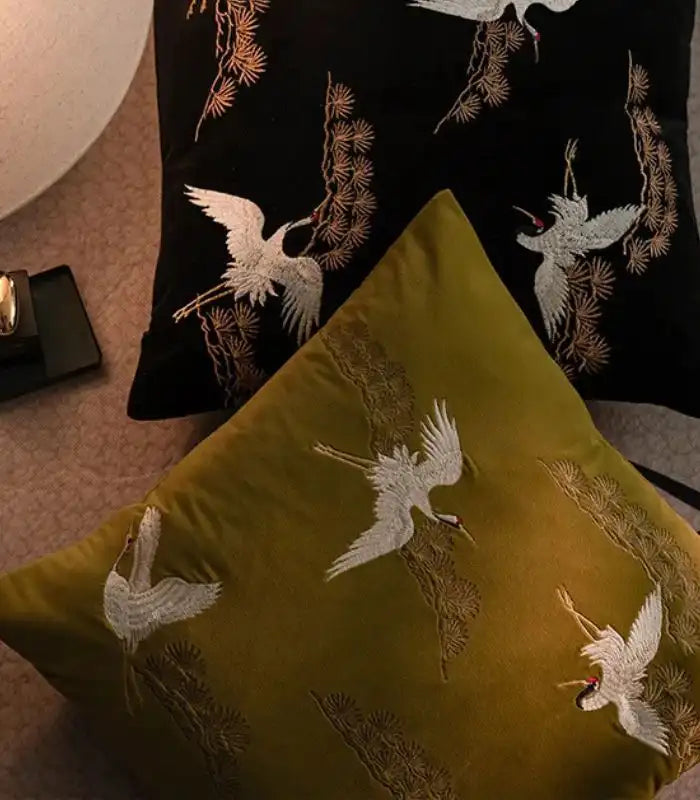Embroidered Crane Velvet Cushion Cover – Japanese-Inspired Bird Design