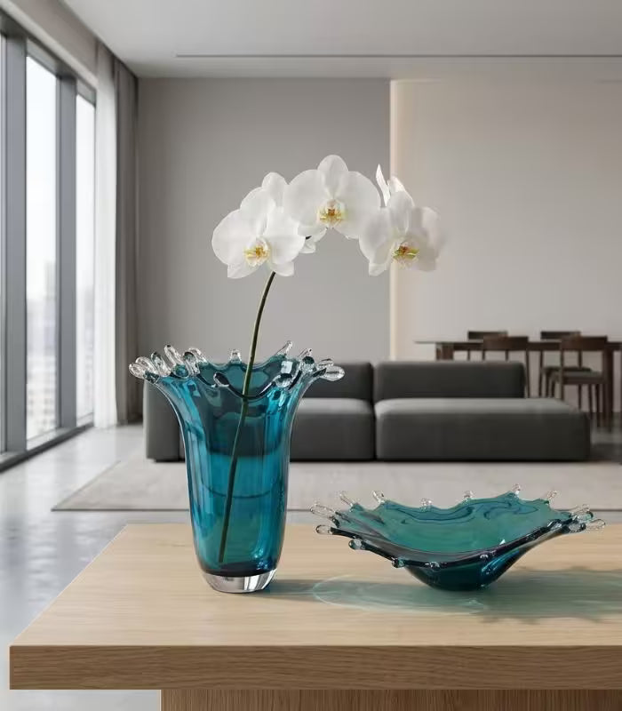 Cerelle Crystal Glass Vase | Teal Blue Decorative Flower Vase with Splash Rim 29.5 cm / 11.6 in