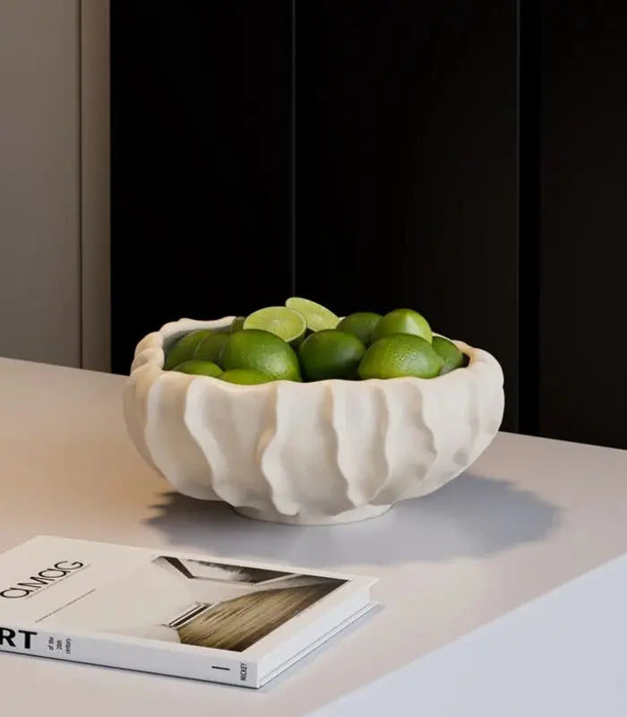 Camille Artisan Ceramic Fruit Bowl - Handcrafted Decorative Wave Design in Ivory White