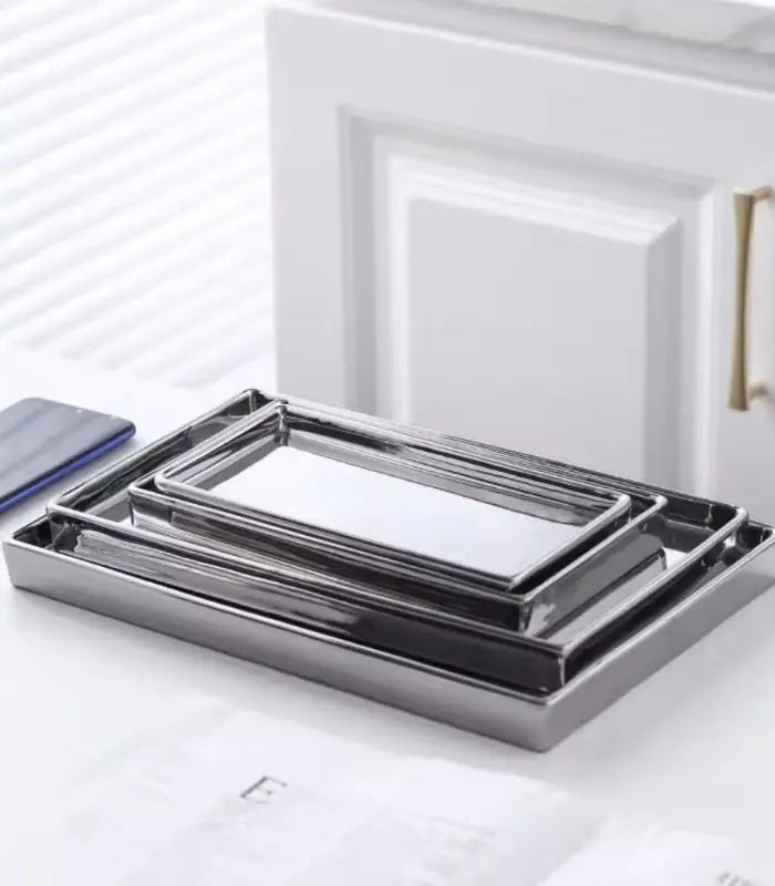 Mirrored Chrome Ceramic Tray – Multifunctional Vanity Organizer