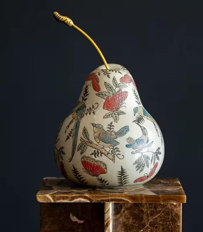 Perrine Hand-Painted Ceramic Pear Sculpture – Bird & Butterfly Chinoiserie, Gold Stem