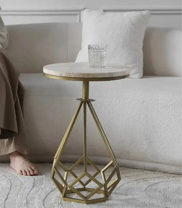 Astoria Geometric Travertine & Iron Side Table – Contemporary Natural Stone Design