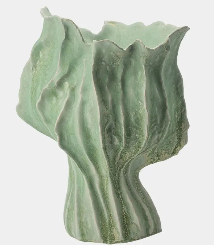 Talia Handcrafted Ceramic Vase – Two-Tone Green Ruffled Leaf-Form Sculptural Vessel