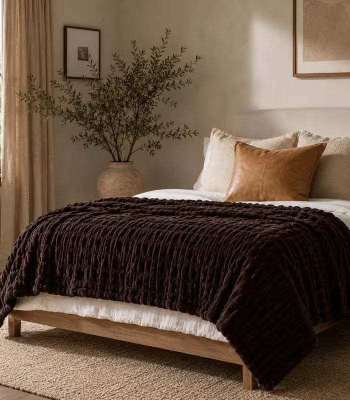 Velluto Double-Sided Ruched Faux Fur Blanket – Chocolate Brown