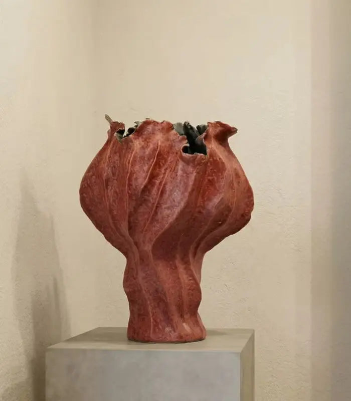 Amara Hand-Painted Ceramic Vase | Sculptural Red Tabletop Decor