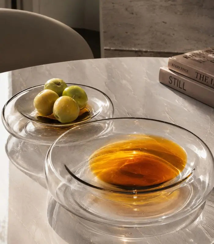 Solstice Handcrafted Glass Bowl – Amber and Clear Two-Tone Decorative Bowl