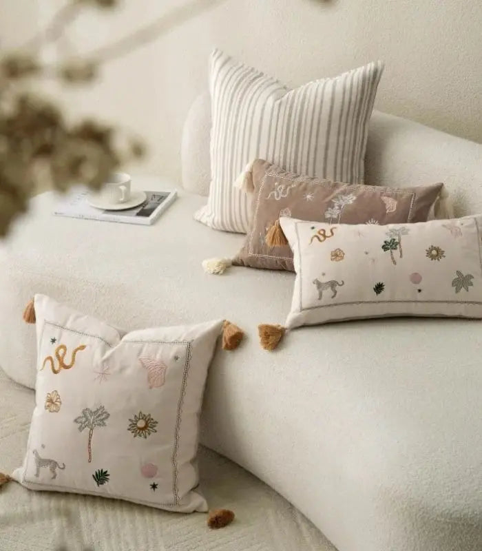Sahara Embroidered Cushion Cover – Botanical Wildlife Tassel Design