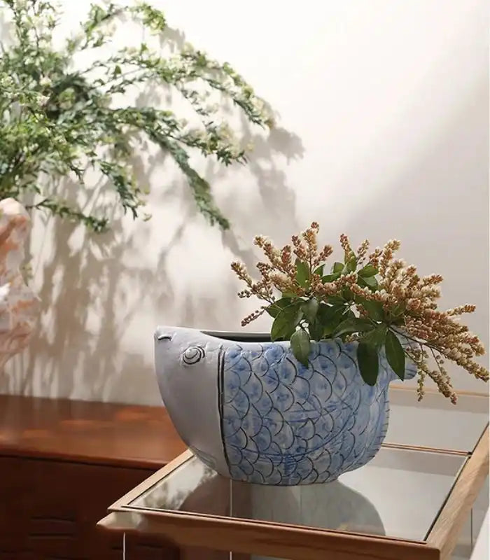 Artisan Fish Ceramic Planter/Vase – Handpainted Blue Scale Design