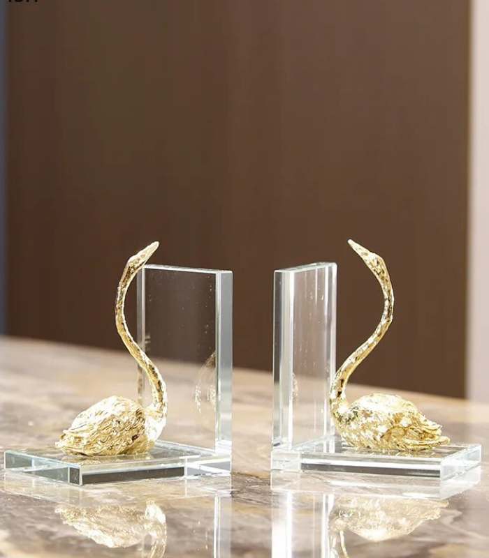 Set 2 Pcs Gold Swan On Crystal Bookends 16 cm