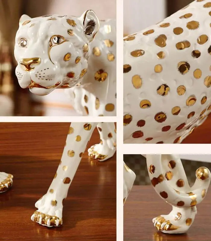 Ceramic Sculpture Leopard Gold White Hand Painted New Large