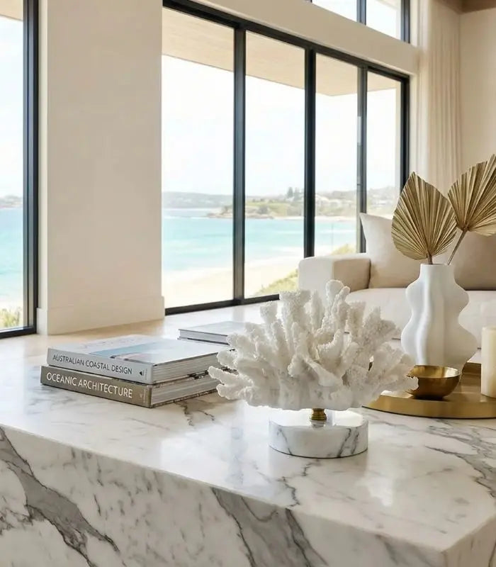 Faux Coral Desk Decoration Ornaments Resin on Marble Base White