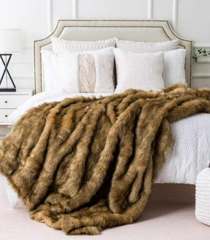 Faux Fur Throw Blanket Soft Thick Ochre Brown