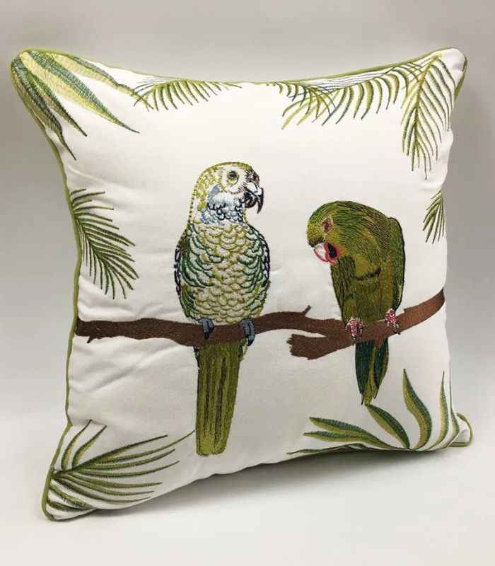 Cushion Cover with Parrots Embroidery Green & White 45x45cm