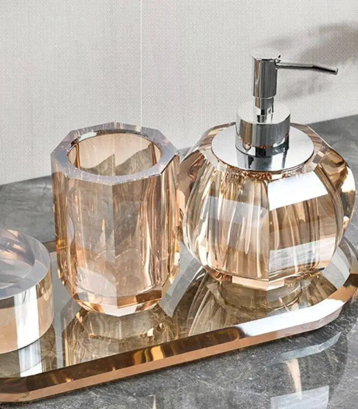 Crystal Glass Bathroom Tumbler - Modern Geometric Toothbrush Holder - Amber Bathroom Accessory