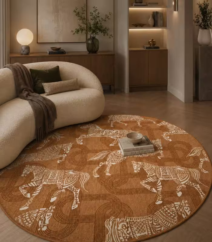 Equestrian Toile Round Rug – Classic Carousel Horse Design Brown