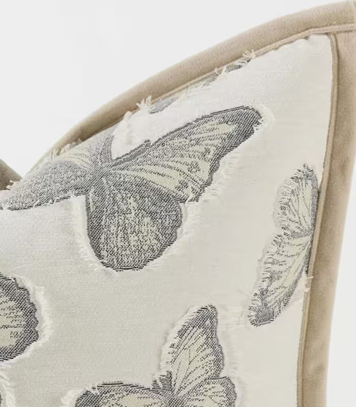 Isadora Woven Jacquard Cushion Cover – Butterfly Motif, Taupe Trim, 3 Sizes