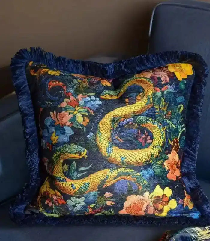 Serpent Garden Decorative Cushion Cover with Fringe Trim 45x45 cm