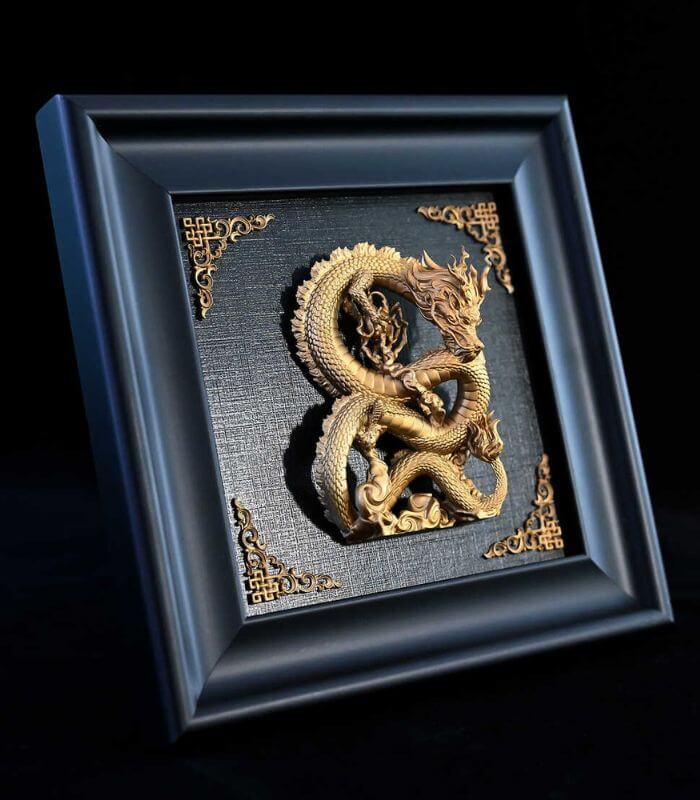 Majestic Xaden Dragon Wall Art in Black Wooden Frame– Golden Resin 12.7 x 12.7 cm