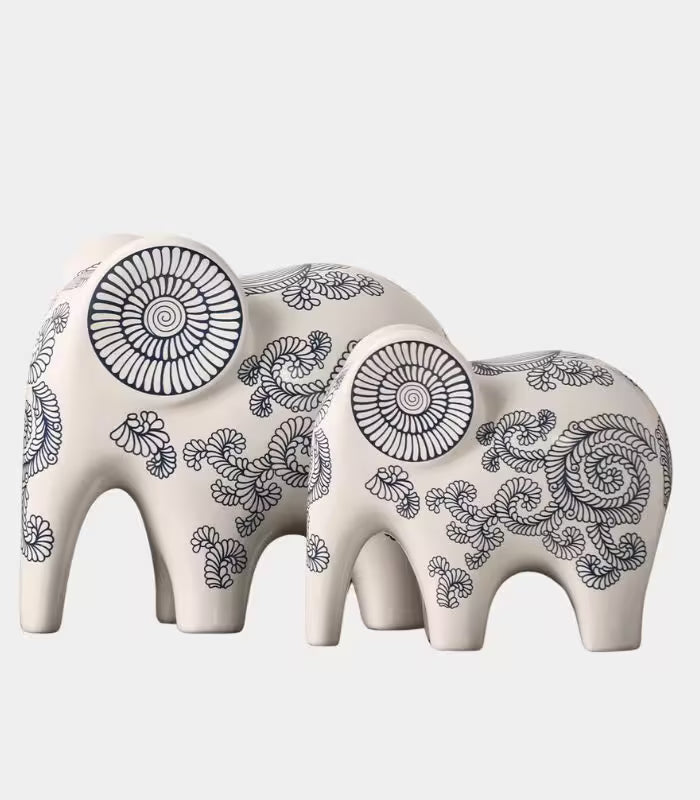 Indra Ceramic Elephant Sculpture – Hand-Decorated Design White & Blue