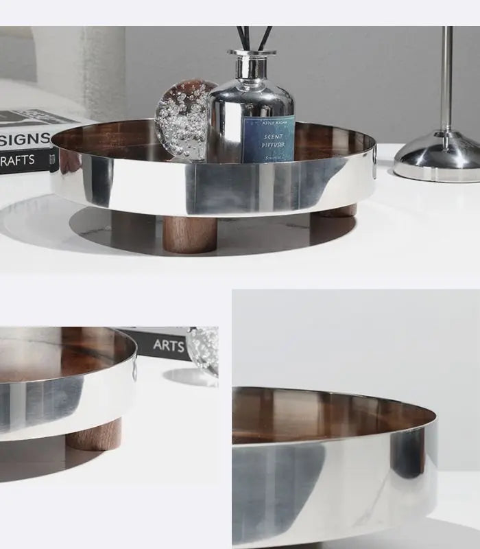 Tray Stainless Steel And Wood Walnut  Silver Brown
