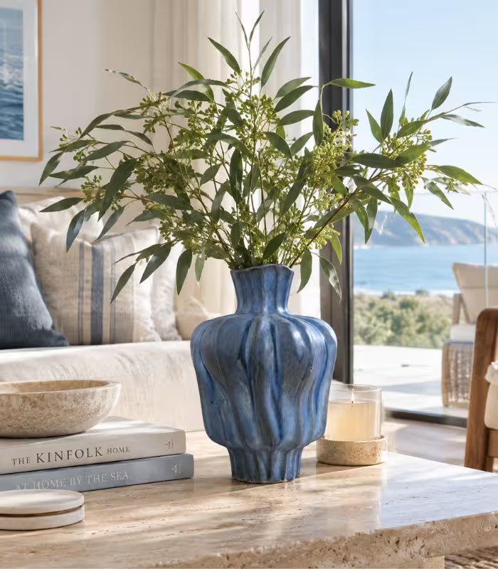 Pauline Ceramic Vase – Sculptural Fluted Design 30 cm Blue