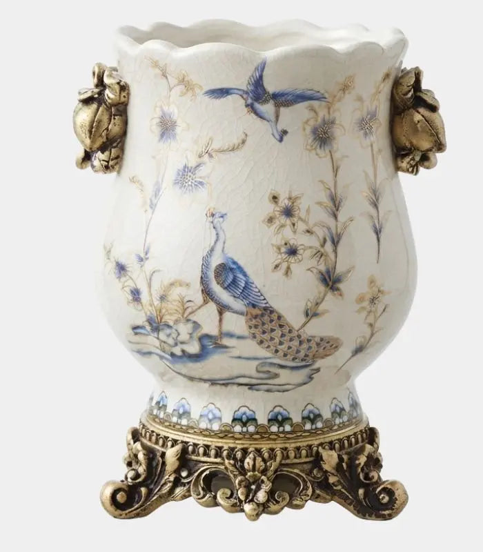 Ophira Crackle-Glaze Porcelain Vase – Hand-Painted Peacock, Gilded Resin Base & Handles 21cm