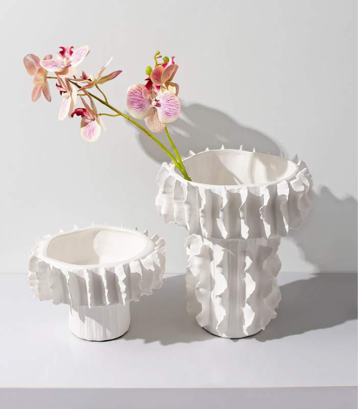 Ceramic Vase White Sculptural Ruffled Design Flower Pot
