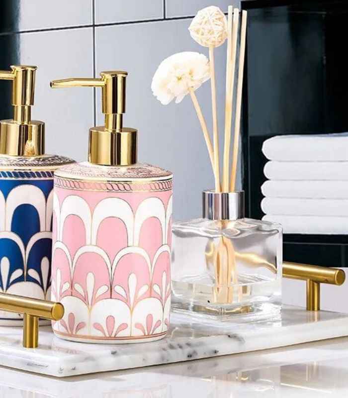 5 Pcs Set Bathroom Assesories Ceramic Pink, White & Gold