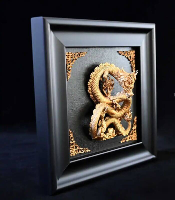 Majestic Xaden Dragon Wall Art in Black Wooden Frame– Golden Resin 12.7 x 12.7 cm