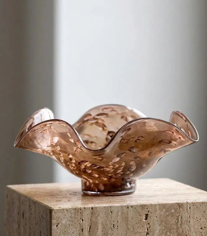 Isolde Handcrafted Glass Bowl – Tortoiseshell Brown Wavy-Edge Decorative & Fruit Bowl 31.5 cm / 12.4 in