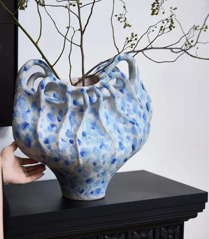 Blue Speckled Ceramic Vase – Handcrafted Contemporary Statement Piece 33 x 36 cm