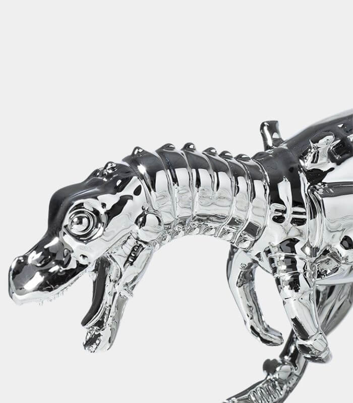 Modern Chrome Dinosaur Skeleton Sculpture - Contemporary T-Rex Art Piece - Home Decor (39cm, Silver Chrome)