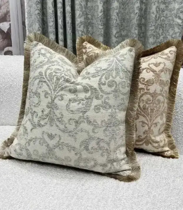 Damask Chenille Cushion Cover with Fringe - Elegant Jacquard Pillow Case 45x45cm