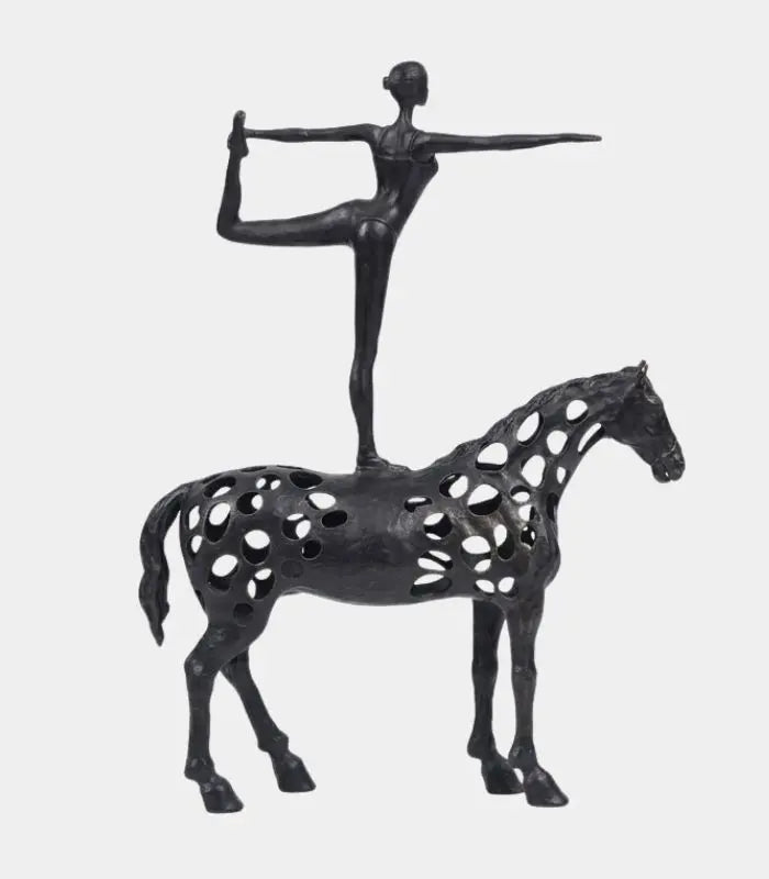 Equinox Metal Figurative Sculpture – Black Yoga Figure & Horse 30 cm / 11.8 in