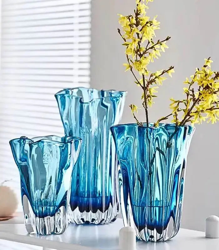 Azure Bloom Glass Vase - Handmade Decorative Vase in Three Sizes Blue