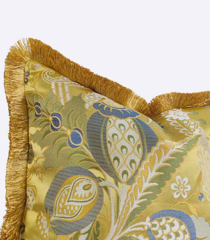 Fashion Gold Cushion Cover - Jacquard Woven Satin with Vintage Botanical Pattern with Fringe 45x45 cm
