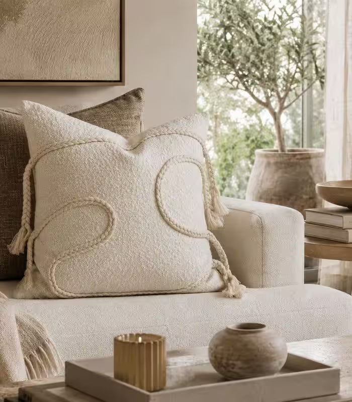 Amaya Woven Boucle Cushion Cover – Ivory with Braided Tassel Detail, 45x45cm (18 in)