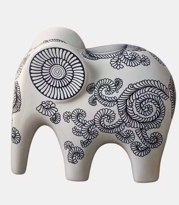 Indra Ceramic Elephant Sculpture – Hand-Decorated Design White & Blue
