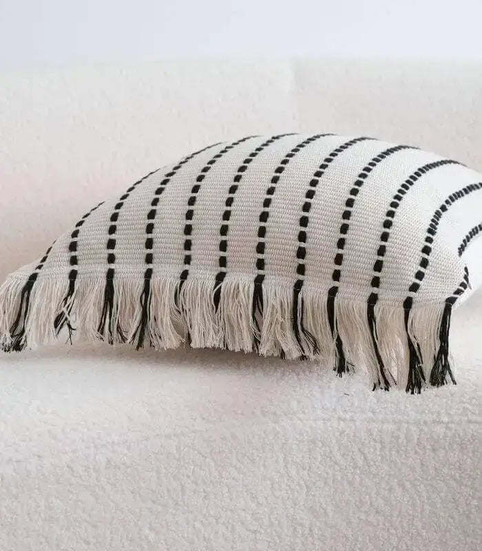 Lotos Albus Striped Woven Cushion Cover – Cotton Linen Blend with Tassels 45x45 cm