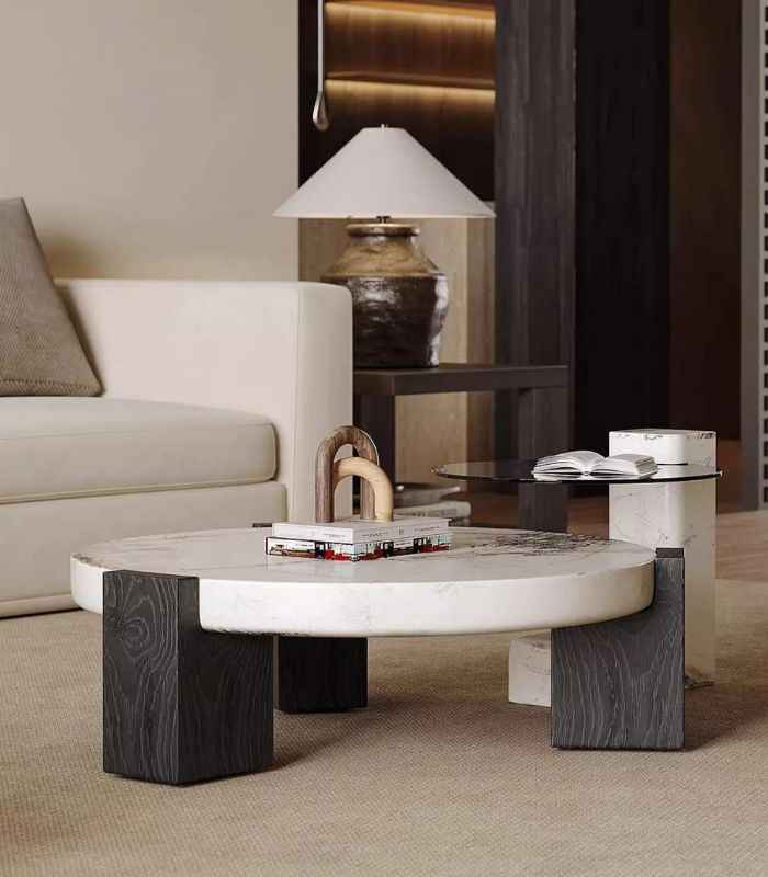 Round Marble Coffee Table 110 cm Marble and Aswood