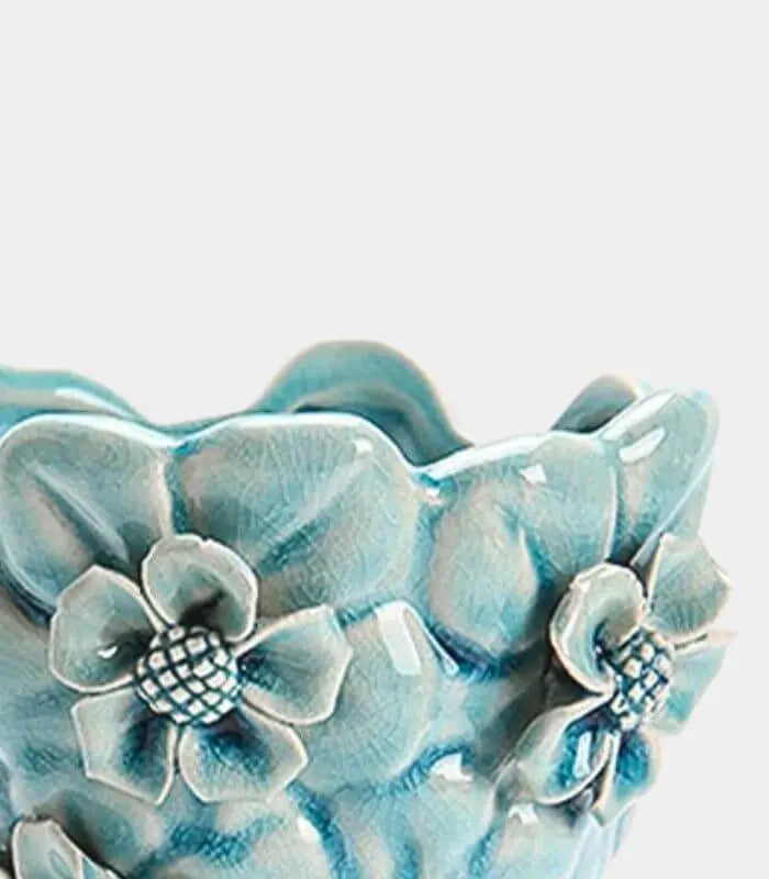 Flora Handcrafted Porcelain Flower Vase - 3D Floral Relief, Crackle Glaze Finish 19.5 cm