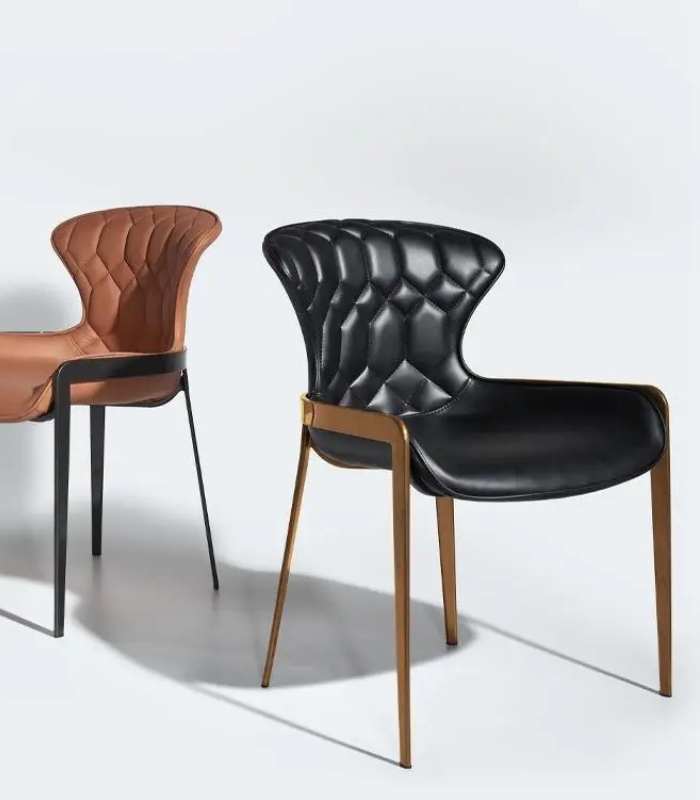 Modern Tufted Leather Dining Chair with Metal Legs - Black or Cognac