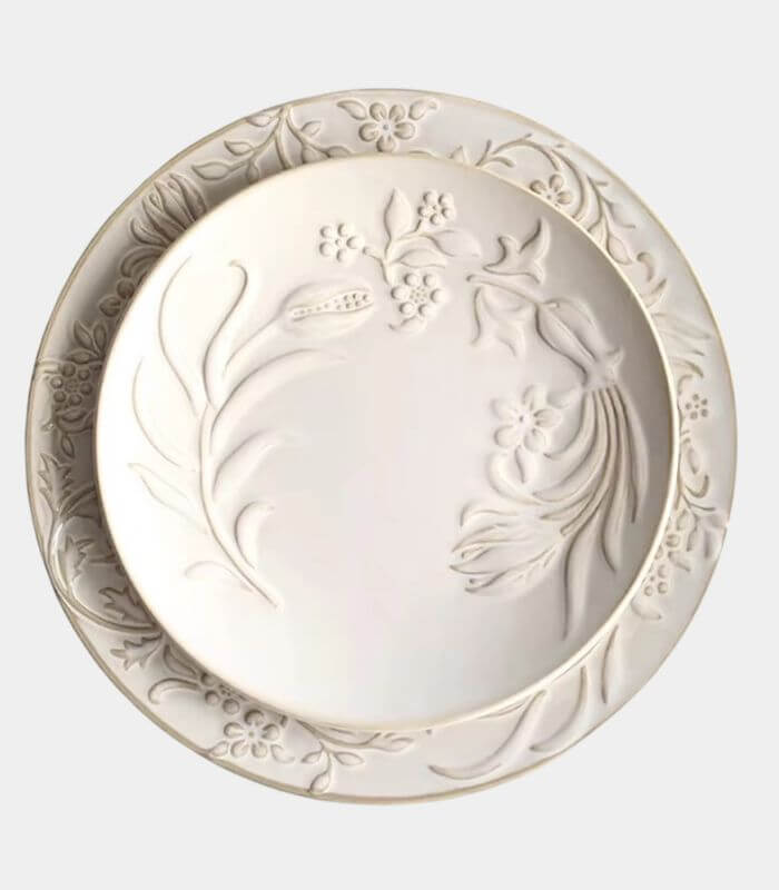 Embossed Ceramic Floral Dinner & Dessert Plate  – Elegant White Glazed Stoneware (25cm & 20cm)